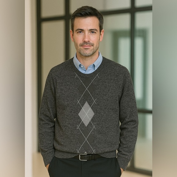 INC Men’s Argyle Sweater M | Heather Grey | 100% Cotton | Classic Crewneck - Picture 1 of 3